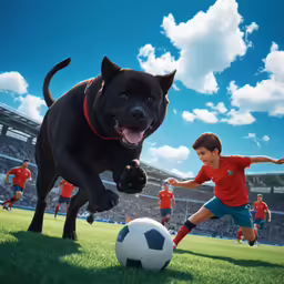 a boy playing with a large dog and soccer ball in the grass