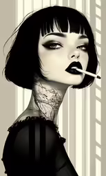 a woman with tattoos on her neck and tongue smoking
