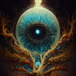 a surreal artistic image with a human eye in the center