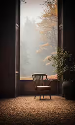 a chair sits in a dimly lit room with open doors