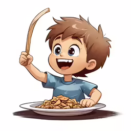 a boy is holding a stick and eating cereal