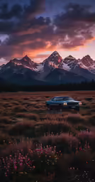 an old car sitting in the middle of the field with mountains in the background