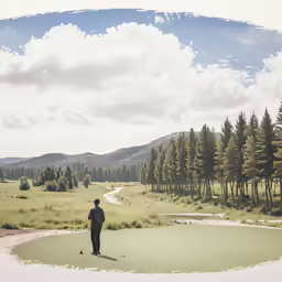 a man standing on the edge of a lake