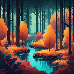 a painting with lots of orange trees next to a river,an illustration of a river running between two trees
