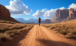 a person riding a bike down a dirt road