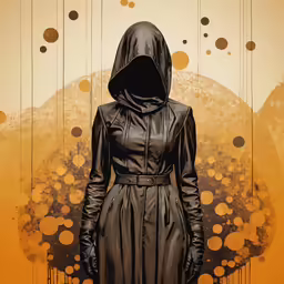 a woman in a black trench coat is standing under a background