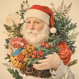 a man wearing a santa hat and holding a bunch of flowers