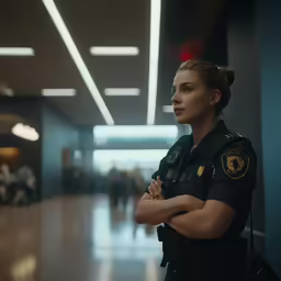 a female police officer in uniform posing with her arms crossed