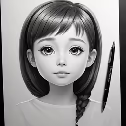 a girl with long hair, with an umbrella and pen on the side