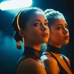 two female models in black dresses are looking off to the side