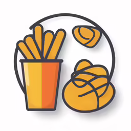 french fries and a cup with some breadsticks in it