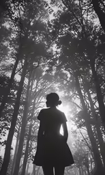 the silhouette of a girl wearing an unknown costume stands in the woods