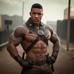 a man with a massive chest and arm tattoo in an urban setting