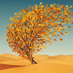 a painting shows yellow leaves blowing in the wind