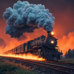 a steam train is rolling along some tracks as the sky looks orange