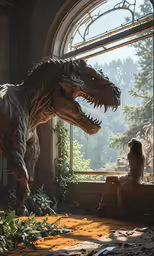 two women and a large dinosaur near a window