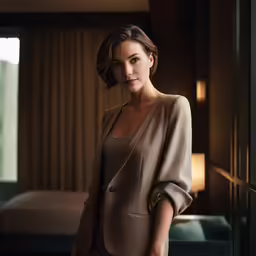 a woman standing in a hotel room in her robe