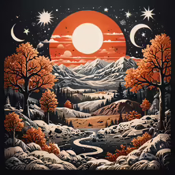 a scene of trees and a stream is featured as the sun sets in the background