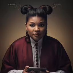 woman with two ponytails and a phone