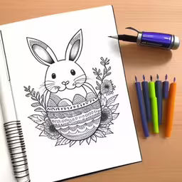 some markers and pens with a white book sitting on a table,a drawing of a bunny with flowers and leaves,drawing a bunny with an easter egg on a notepad,drawing of an easter egg with a rabbit on top,an easter coloring book on a table with colored markers