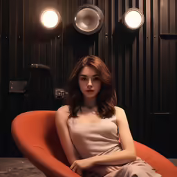 a young woman sitting on an orange chair