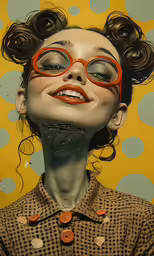 there is a photo of a woman with red glasses on her face
