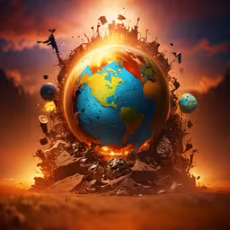 the earth appears to be broken down on top of its structure,a large blue and yellow earth surrounded by other objects