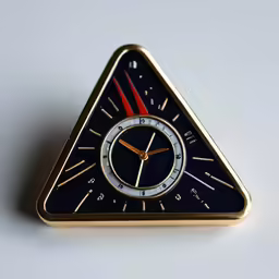 a golden and black clock is on a white surface