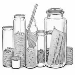 a black and white drawing of glass jars