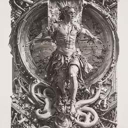 a drawing on paper of a man surrounded by snakes and a clock