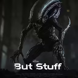 a aliens poster in the dark with an alien face