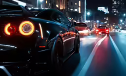 a black sports car in motion on the street