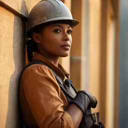 the woman is leaning on the building with her hand on the wall