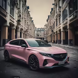 pink car parked in the middle of some very tall buildings