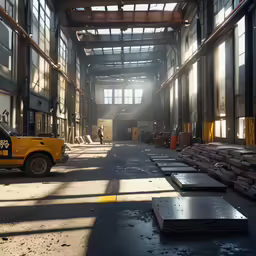an empty warehouse is shown with wood being loaded on pallets