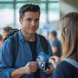 a man is looking at another person with a camera
