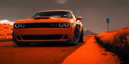 an orange sports car sits parked on a deserted road