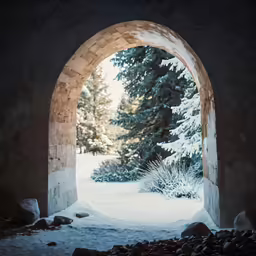 an open doorway into an arch with snow on the ground