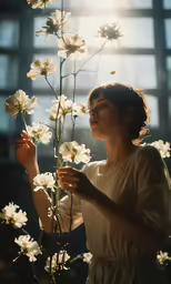 there is a woman holding flowers in her hand