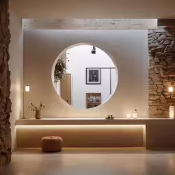 a circular mirror hangs on a wall in a bathroom