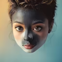 a woman is covered in a black mask