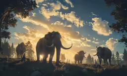 three large elephants walking in front of a bright sky