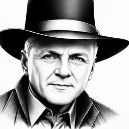 a man wearing a hat is shown as a black and white drawing