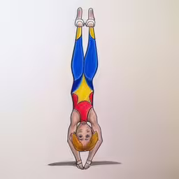 a picture of a woman in a blue and red suit,a drawing of a person diving upside down