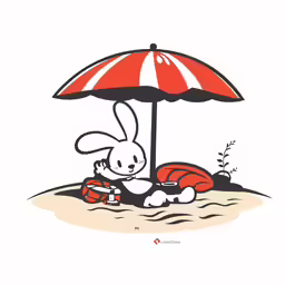 a rabbit with an umbrella on the beach
