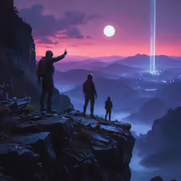 a sci - fifi scene at dusk with three people
