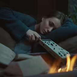 a woman laying down next to an object on a fire place