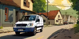 an illustration of a delivery truck moving along the city street,a car driving down a narrow street with homes in the background