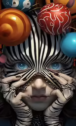 a woman with balloons on her head and face