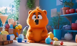 an orange bear with eyes on its head in a room full of colorful accessories